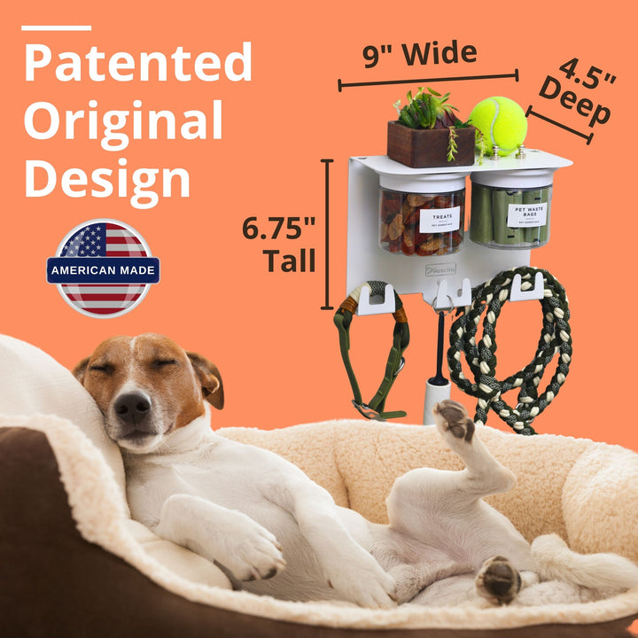 Dog Leash Holder for Wall with 9" Dog Shelf, Deep Dog Hooks and 2 Small Airtight Dog Treat Containers, Dog Stuff Organizer and Storage