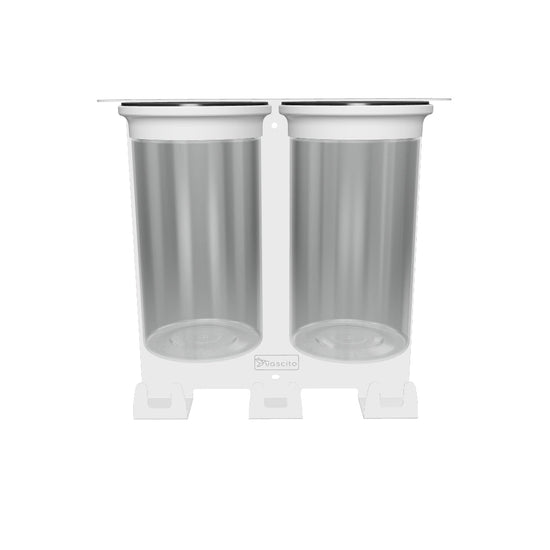 Close-up of two empty airtight jars from Dog Leash Holder Wall Organizer, designed for pet treats and waste bags storage.