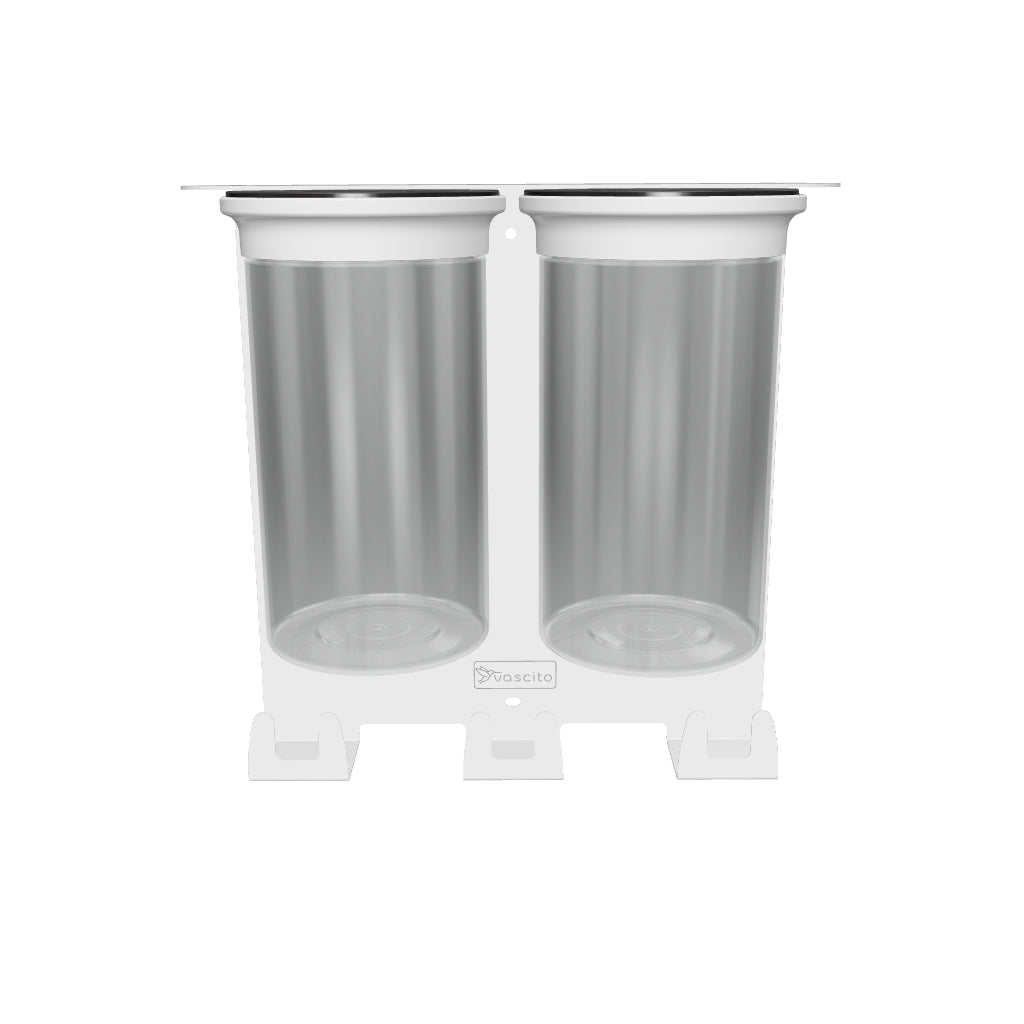 Close-up of two empty airtight jars from Dog Leash Holder Wall Organizer, designed for pet treats and waste bags storage.
