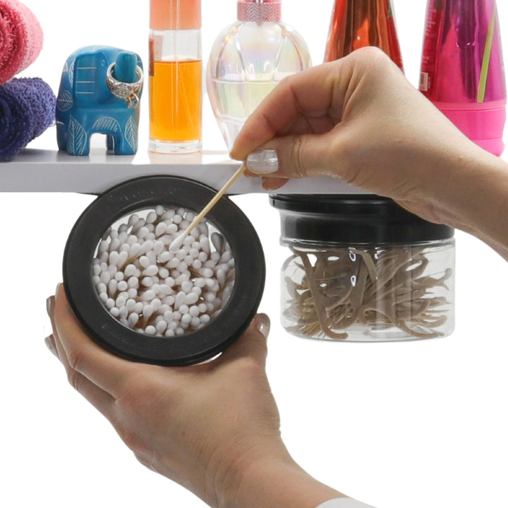 Under Bathroom Shelf Organizer Includes Clear Smell Proof Storage Jars with Labels for Cotton Swabs, Balls, Flossers and more!