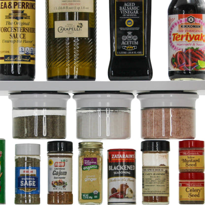 Under shelf Kitchen Organizer Stash Jars storing spices and seasonings in airtight jars, optimizing vertical space in kitchen cabinets.