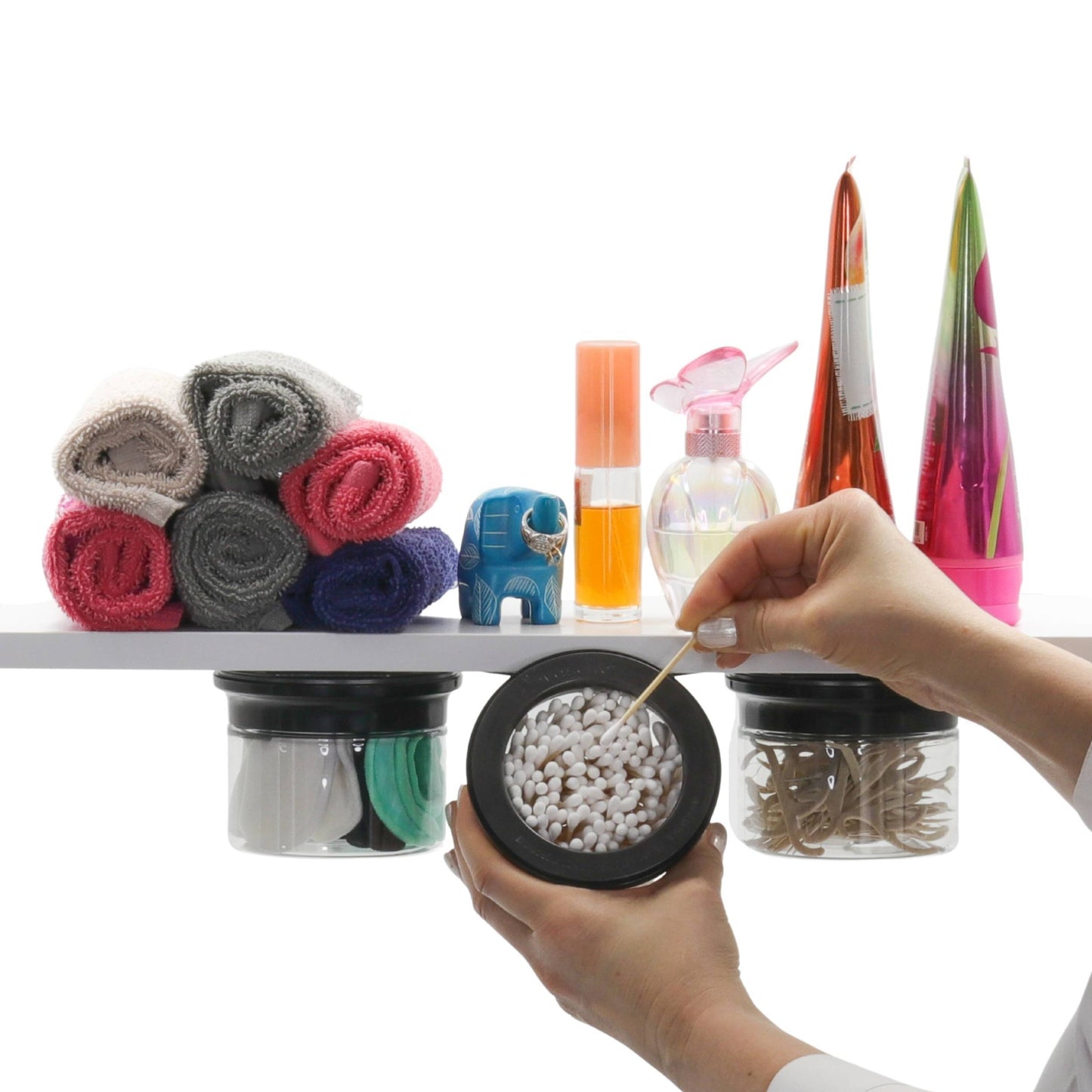 Under Bathroom Shelf Organizer Includes Clear Smell Proof Storage Jars with Labels for Cotton Swabs, Balls, Flossers and more!