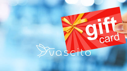 Hand holding a red Vascito Gift Card with ribbon design, showcasing perfect gift idea with instant delivery for any celebration.