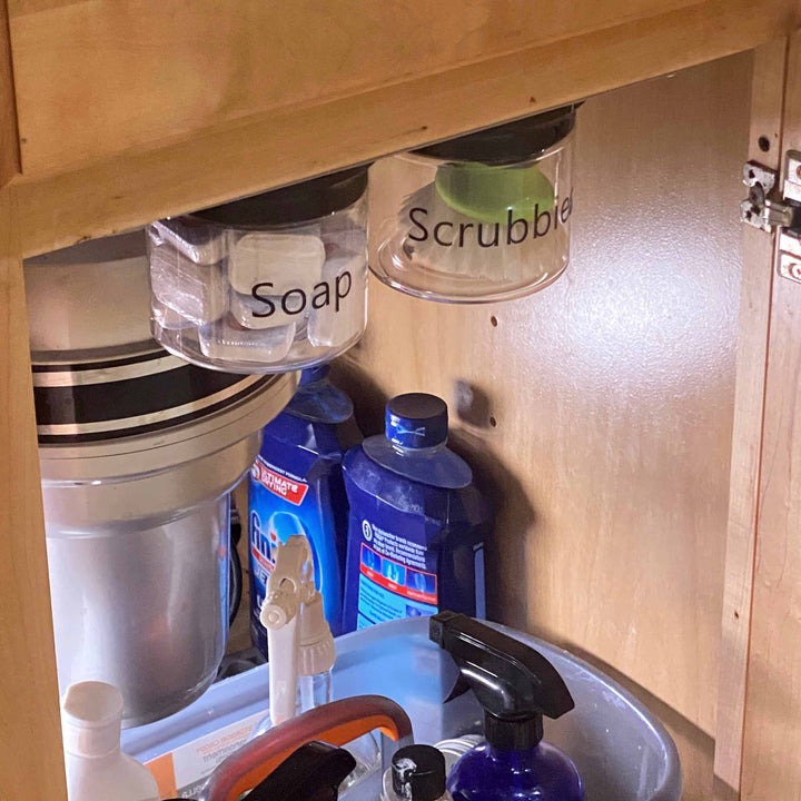 Break Room Under Sink Organizer with Space Saving Airtight Storage Jars for Convenient Under Sink Organizers