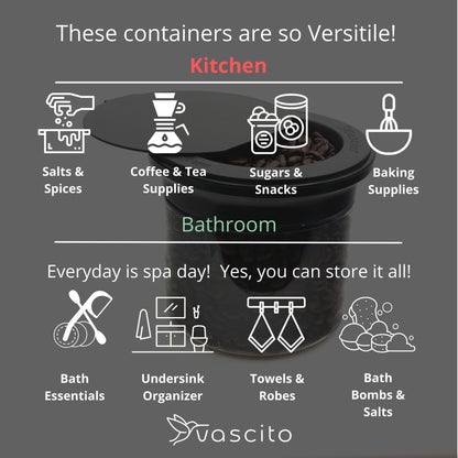 Multi-purpose Kitchen Organizer Stash Jars used for kitchen and bathroom storage, ideal for spices, snacks, bath essentials, and more.