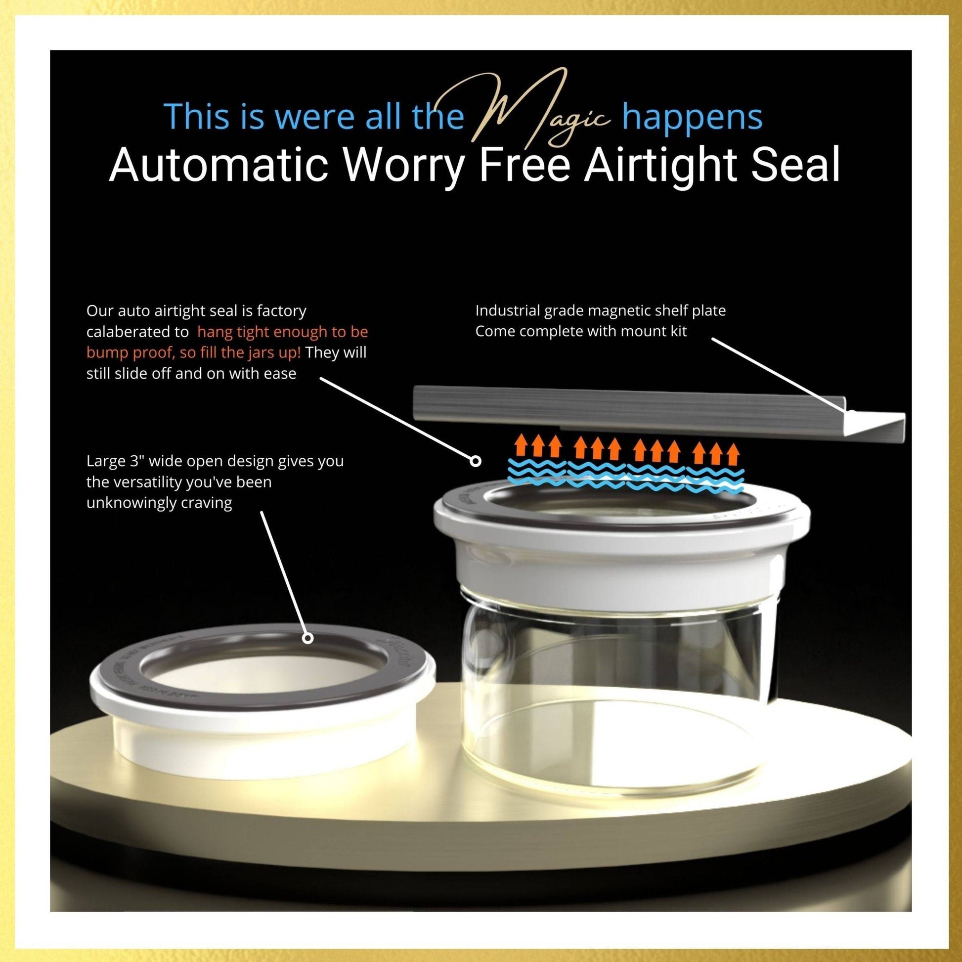 Exploded view of airtight under sink organizer jar with magnetic lid and mounting plate, highlighting automatic seal and wide opening.
