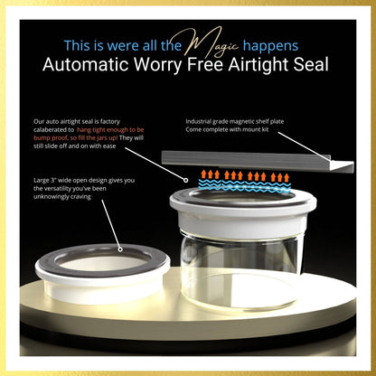 Exploded view of airtight under sink organizer jar with magnetic lid and mounting plate, highlighting automatic seal and wide opening.