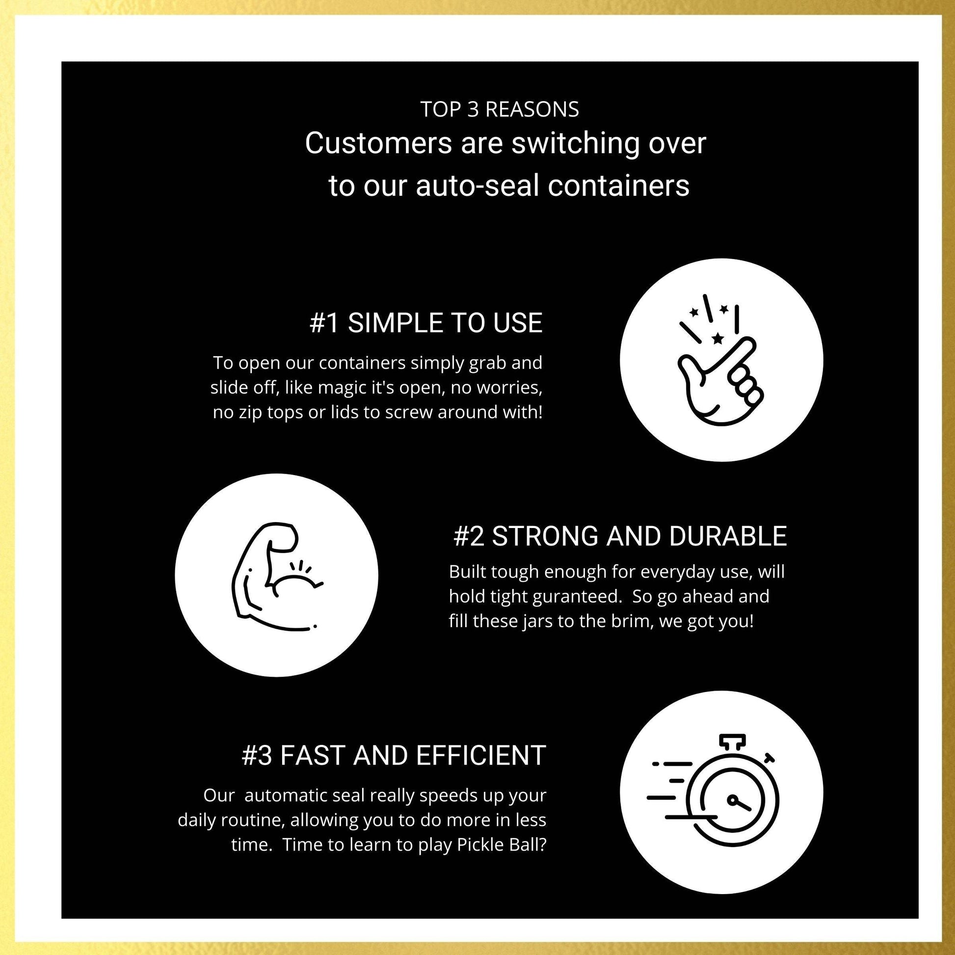 Infographic listing top 3 benefits of airtight under sink organizer jars: simple use, strong durability, and fast access for kitchen storage.